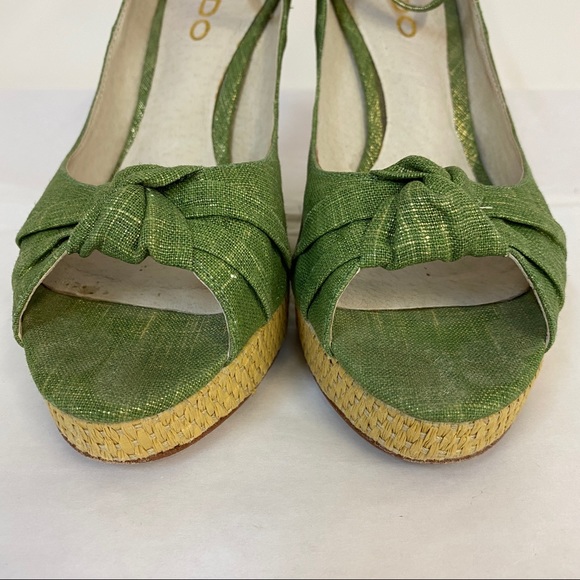 Aldo Green Gold Straw Wedge Ankle Strap Shoes - Picture 7 of 9
